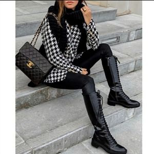 RARE ZARA Lace Up High Gloss Black Flat Sole Leather Boots Bloggers Favorite 7.5